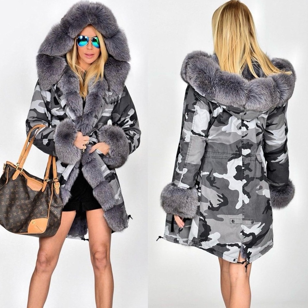 GREY CAMOUFLAGE Hooded Faux Fur Lined Warm Coat NEW